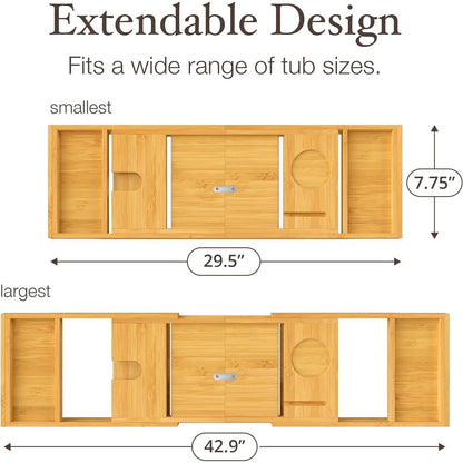 Bamboo Bathtub Tray for Tub - Expandable Bath Tray, Book & Tablet Holder - Bath Table, Tub Tray, Bathtub Caddy, Foldable Design