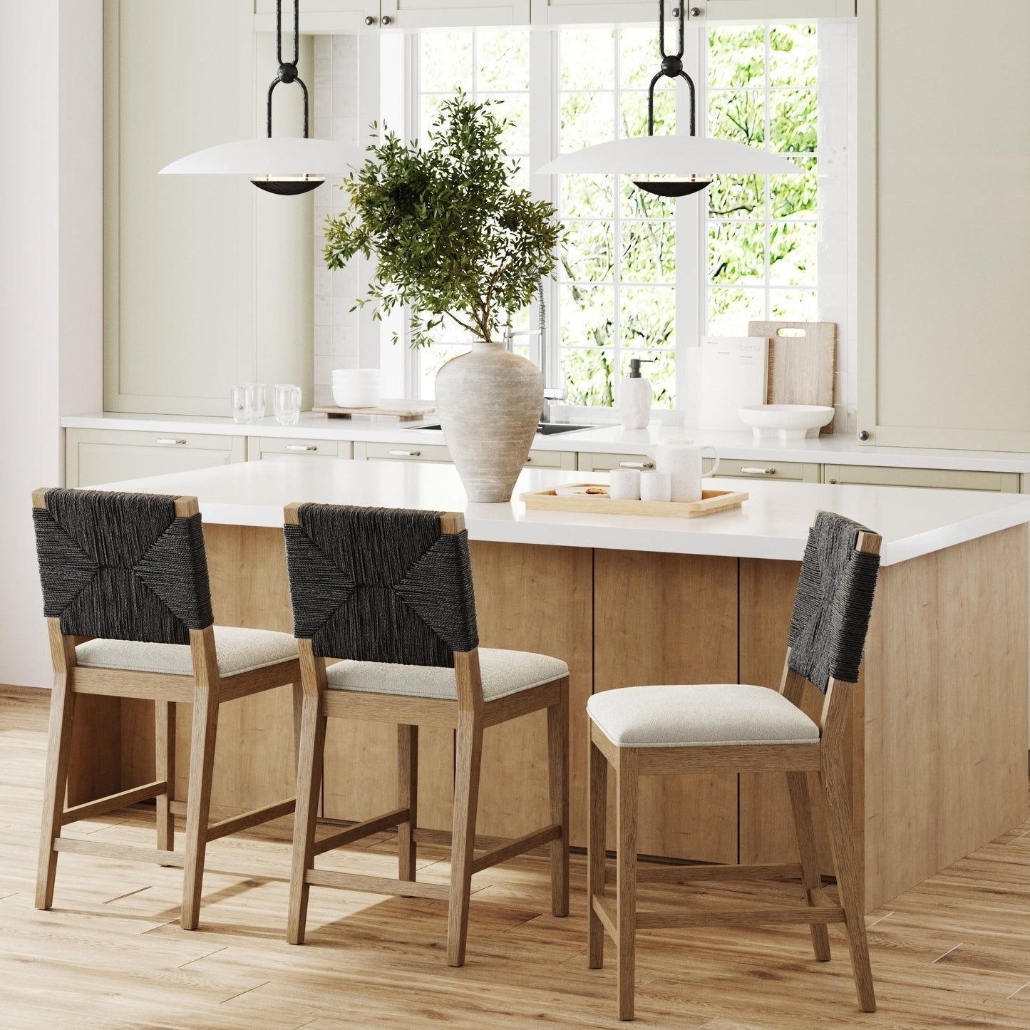 Beacon Bohemian Boucle Bar Stool, Upholstered Counter Height Chair with Solid Wood Frame and Woven Seagrass Back