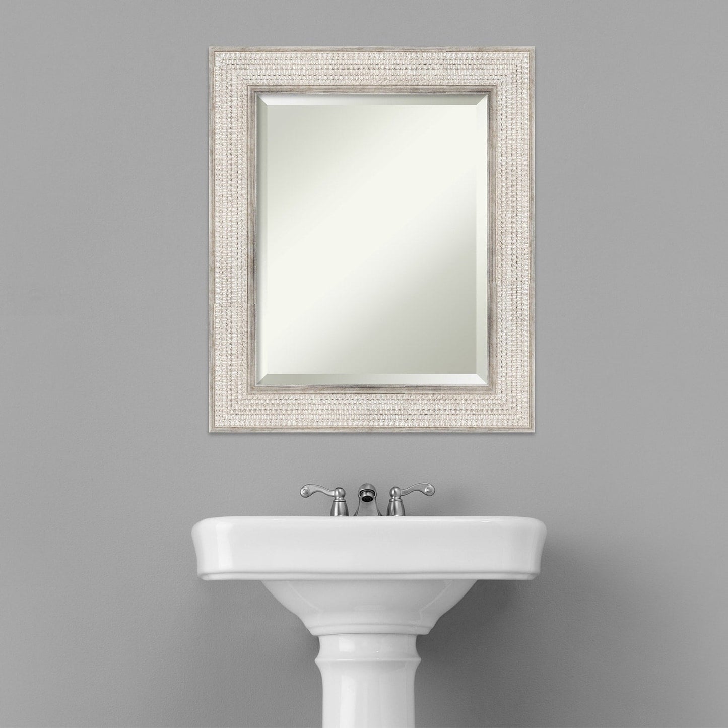 Beveled Wood Bathroom Wall Mirror - Trellis Silver Frame - Trellis Silver