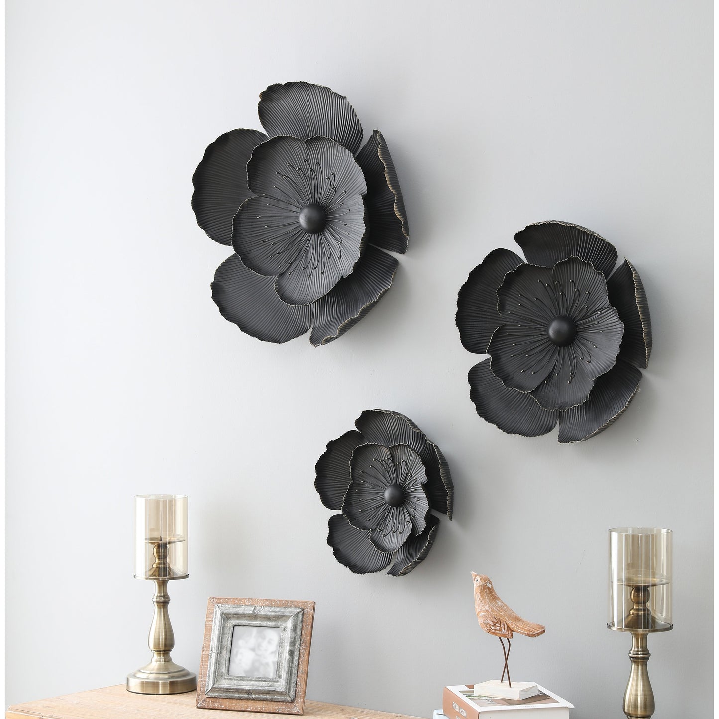 Dark Gray with Gold Multi-Size Metal Flowers Wall Decor (Set of 3)