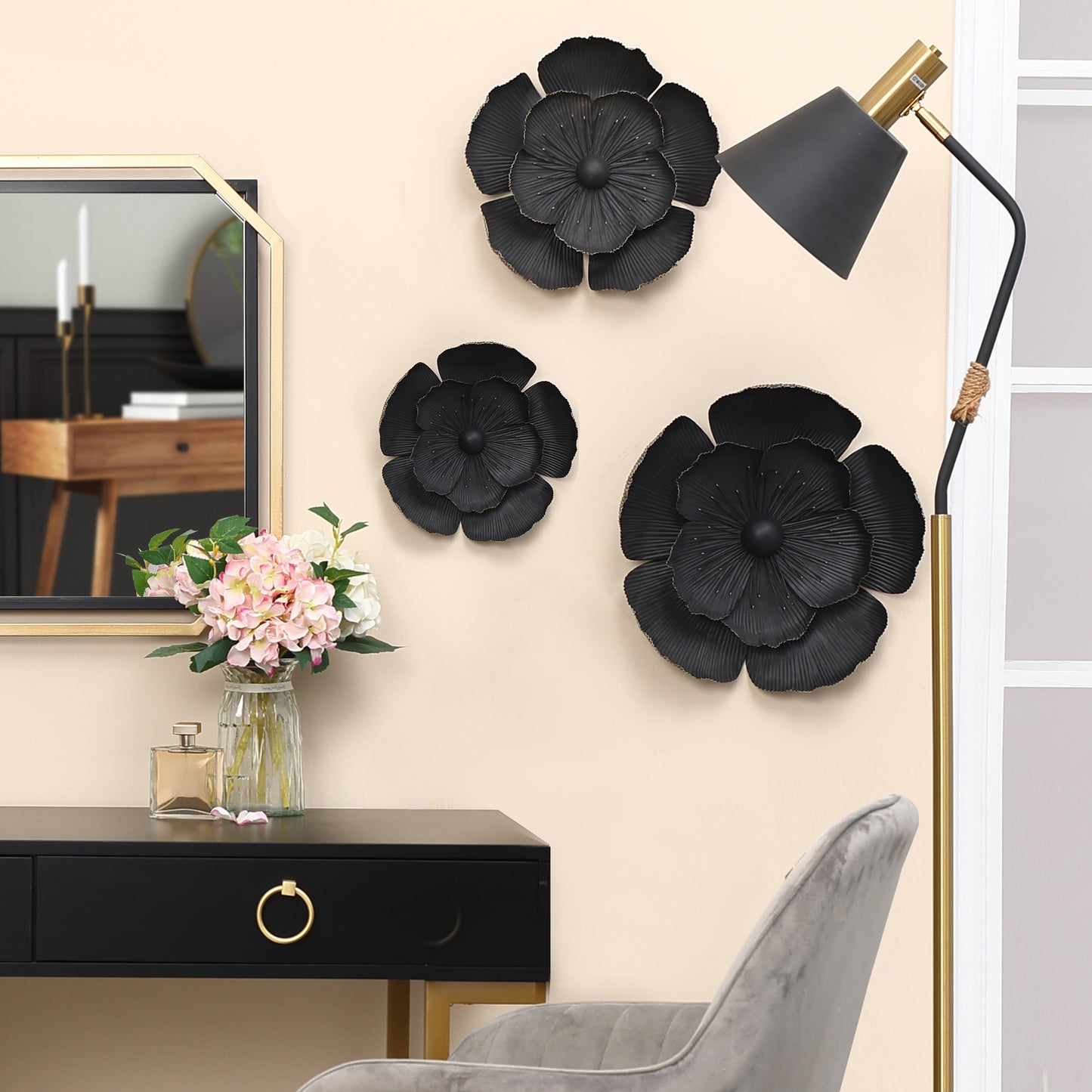 Dark Gray with Gold Multi-Size Metal Flowers Wall Decor (Set of 3)