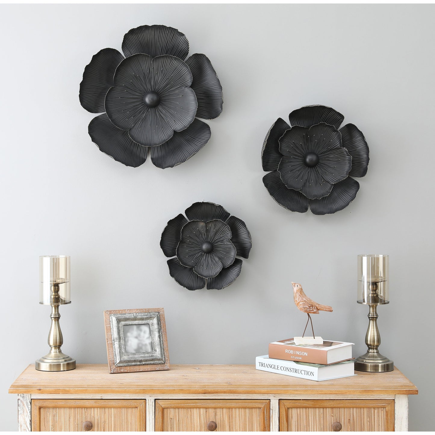 Dark Gray with Gold Multi-Size Metal Flowers Wall Decor (Set of 3)