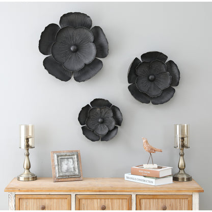 Dark Gray with Gold Multi-Size Metal Flowers Wall Decor (Set of 3)