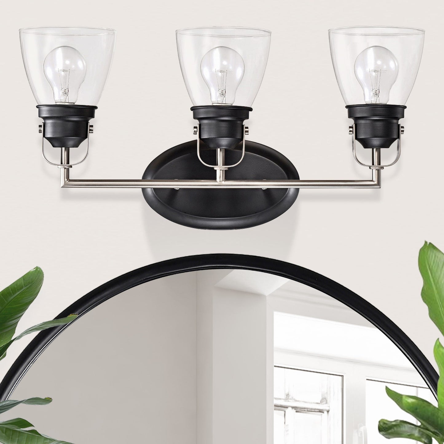 Black and Brushed Nickel Superior 3-Light Vanity Lights with Clear Glass Shades