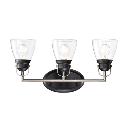 Black and Brushed Nickel Superior 3-Light Vanity Lights with Clear Glass Shades