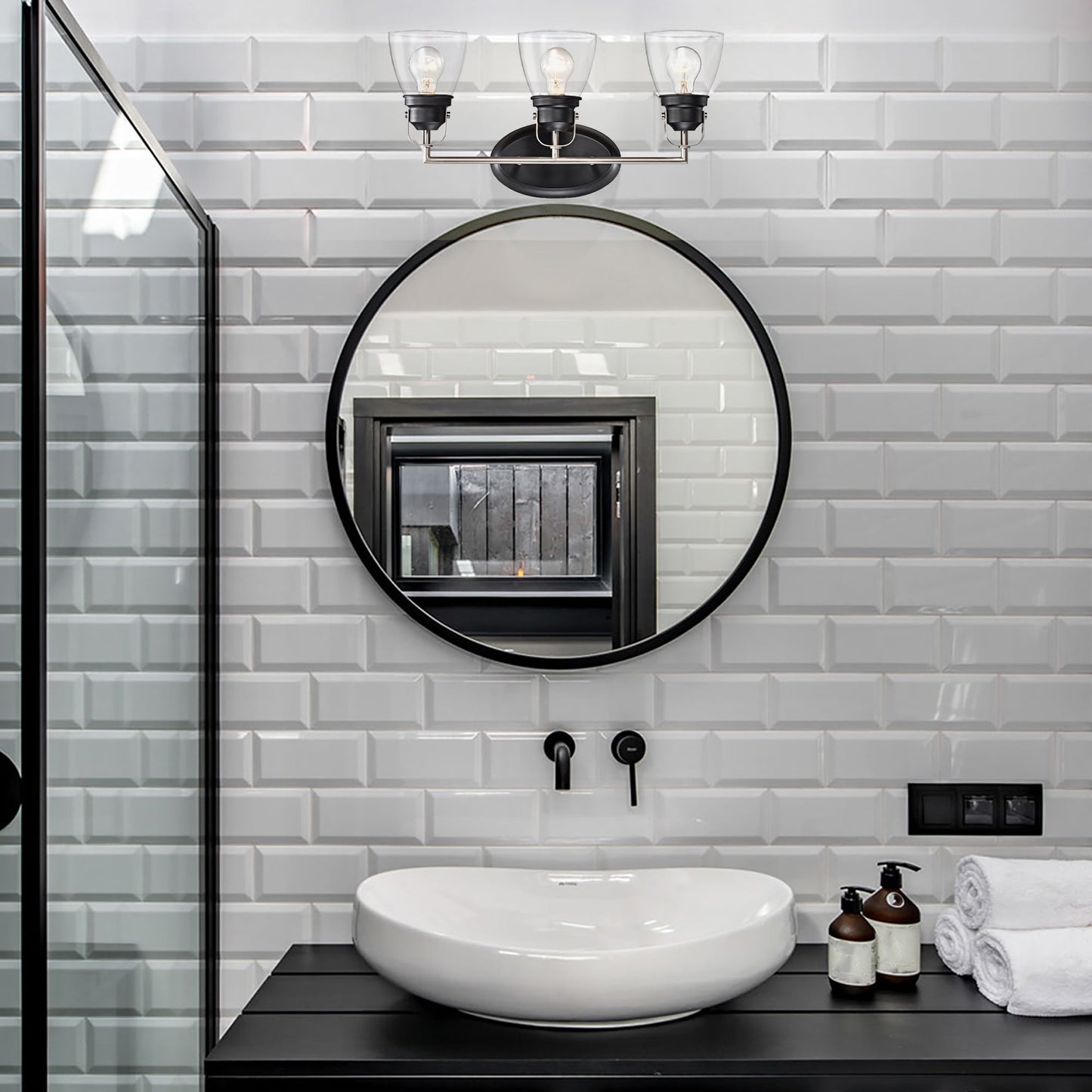 Black and Brushed Nickel Superior 3-Light Vanity Lights with Clear Glass Shades