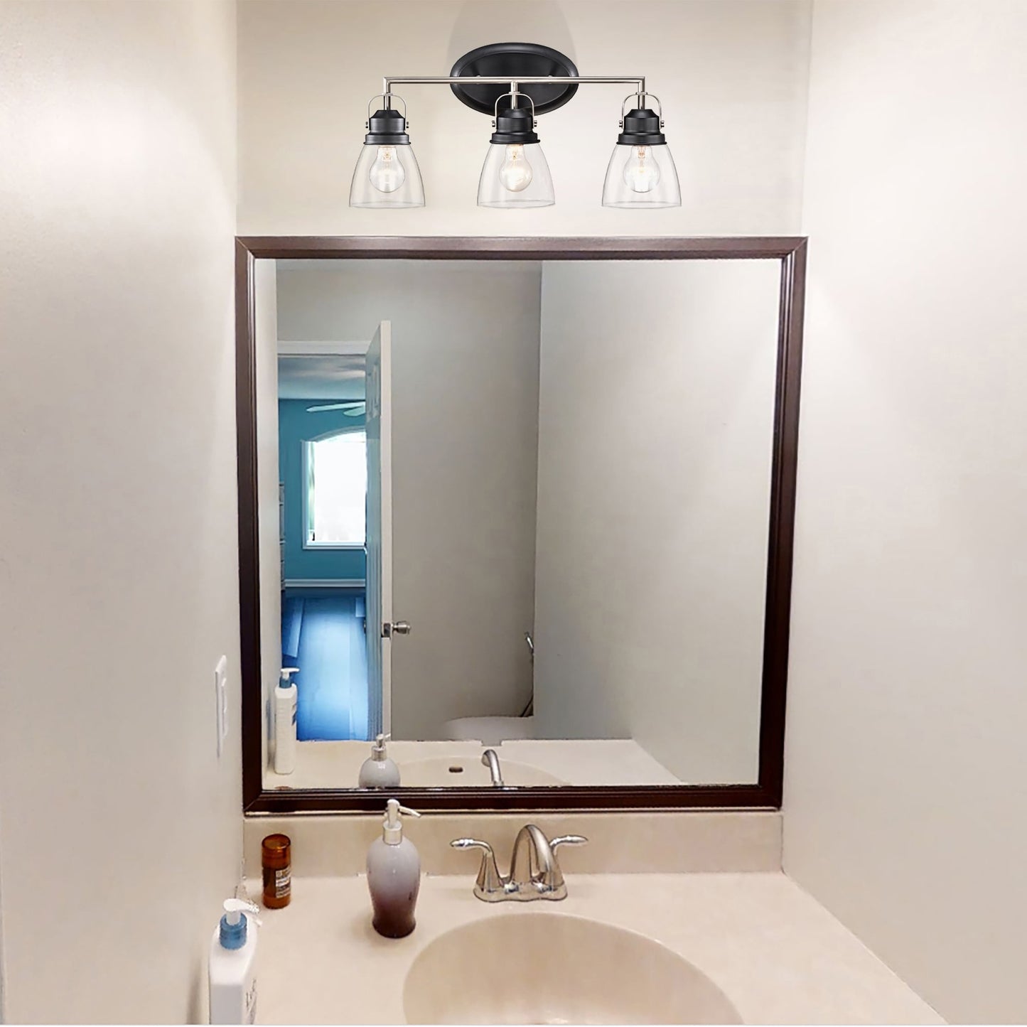 Black and Brushed Nickel Superior 3-Light Vanity Lights with Clear Glass Shades