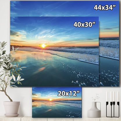 Blue Seashore with Distant Sunset - Seashore Canvas Wall Art