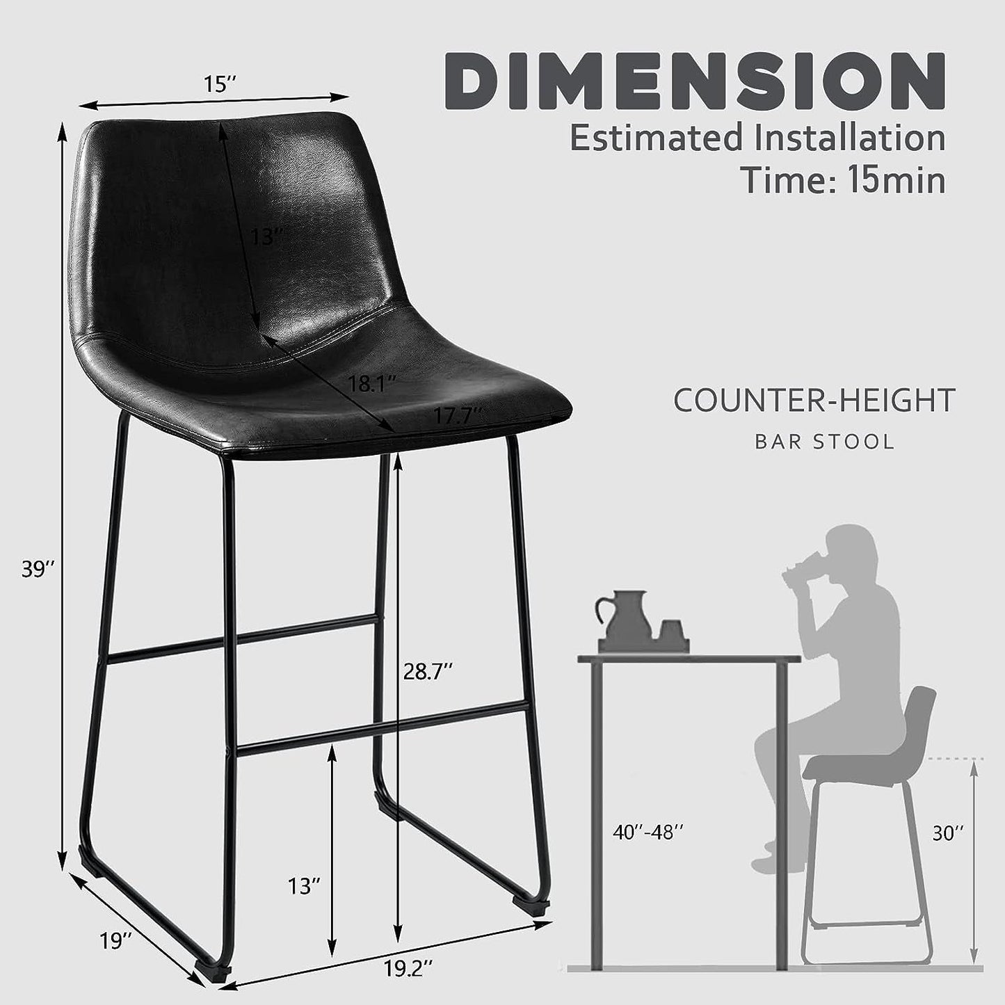 Bossin 18/26/30 inch Bar Stools,Counter Height Bar Stools with Back Modern PU Leather Stools Dining Chair with Footrest