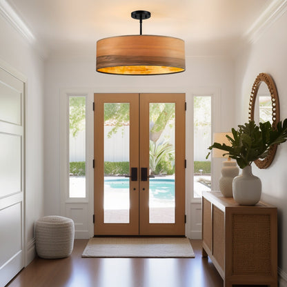 Breaux 4-Light Wood Veneer Drum Chandelier with Black Canopy - 22 in. W