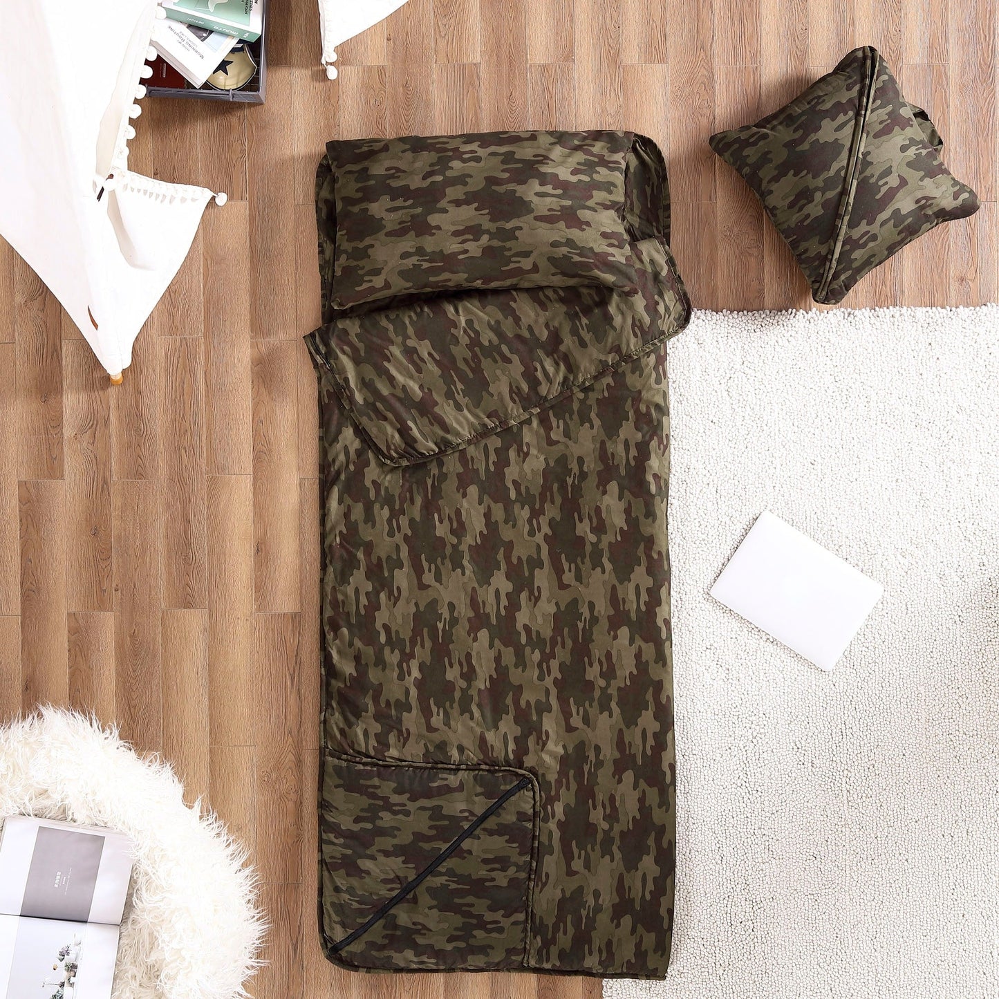 Brielle Home Foldable Green Camo Printed Nap Mat with Attached Pillow