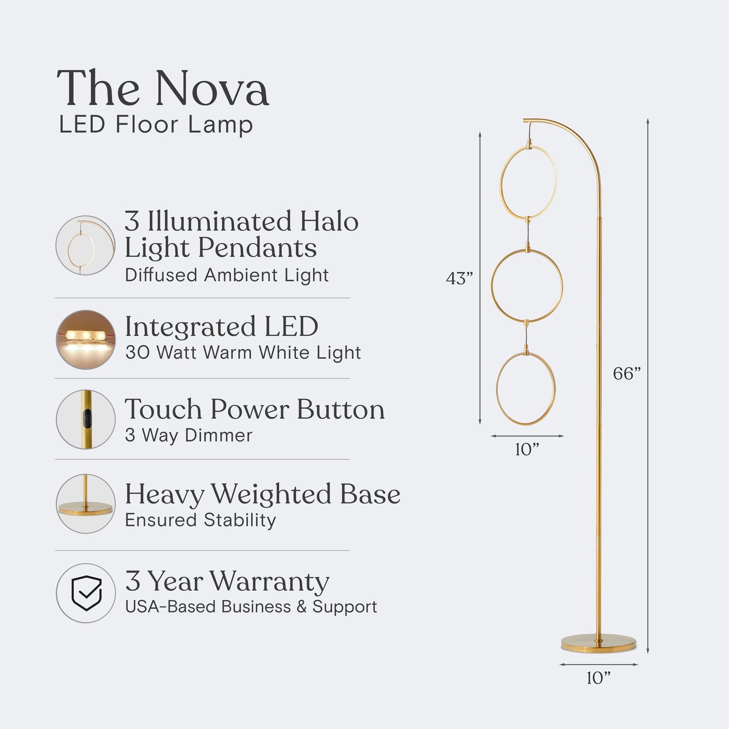 Brightech Nova 74 in. Industrial 3 Ring Light LED Super Bright Floor Lamp with 3-Way Dimmer
