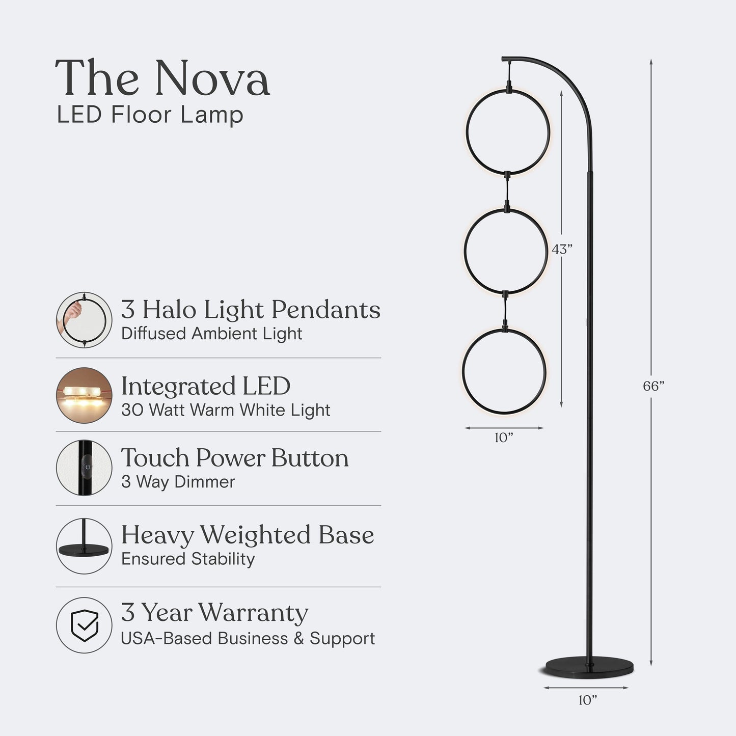 Brightech Nova 74 in. Industrial 3 Ring Light LED Super Bright Floor Lamp with 3-Way Dimmer