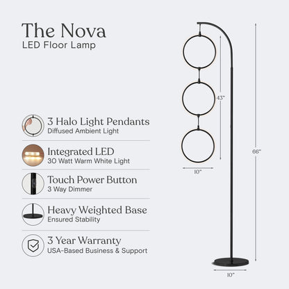 Brightech Nova 74 in. Industrial 3 Ring Light LED Super Bright Floor Lamp with 3-Way Dimmer