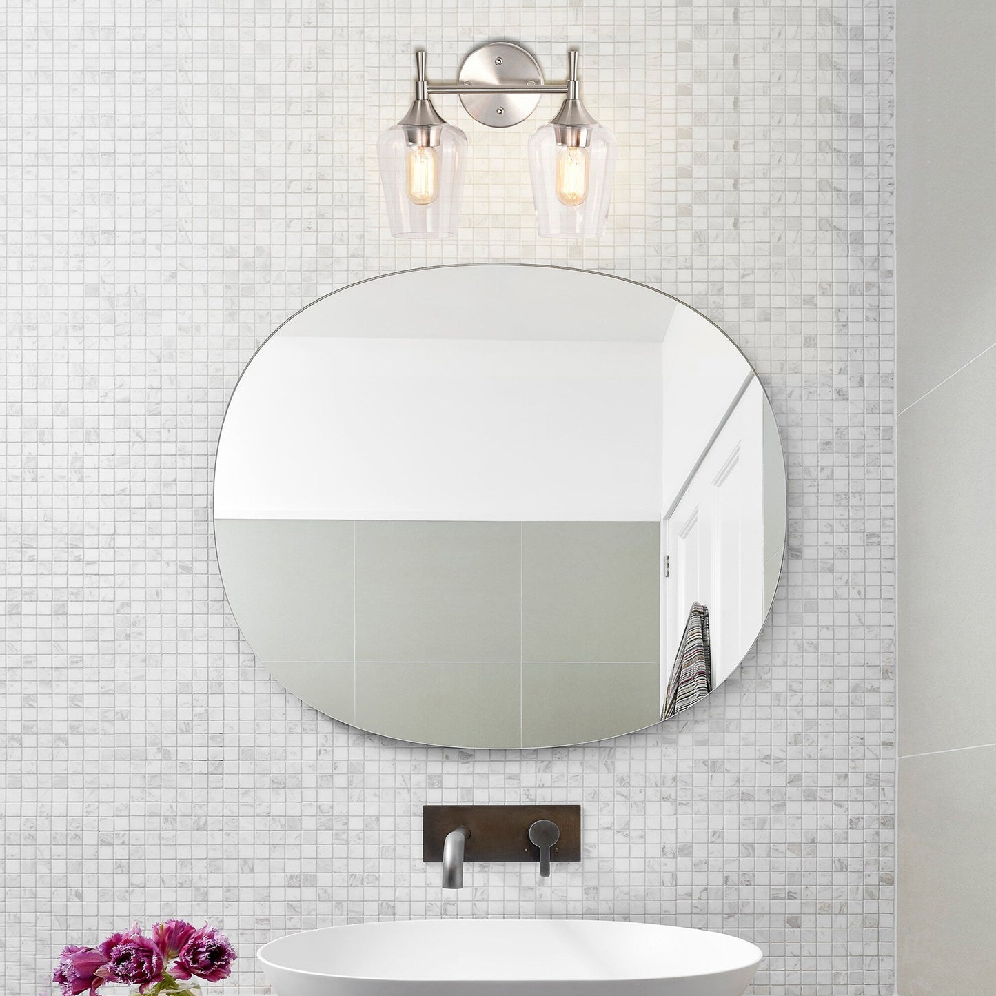 Brushed Nickel 2-Light Modern Vanity Light with Clear Wine Glass Shades - Brushed Nickel