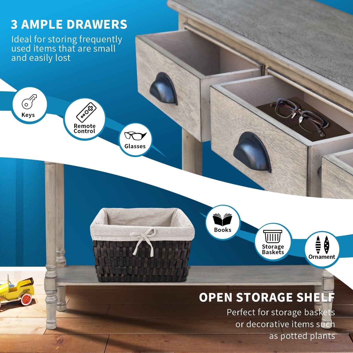 Burlington Wood 3-drawer Console Hallway Table