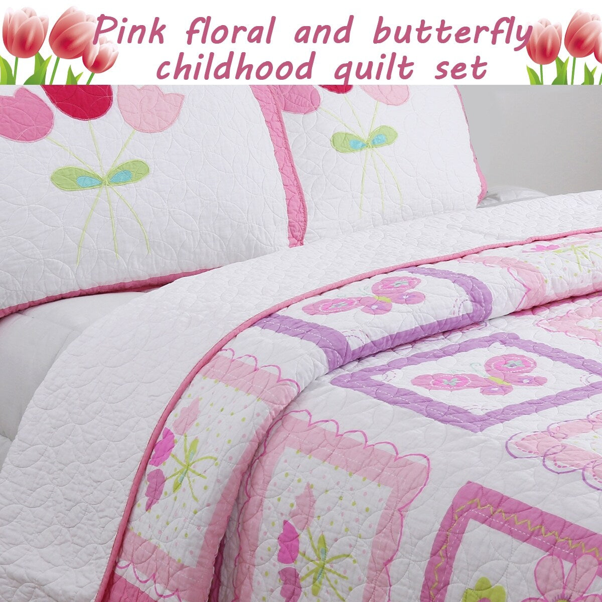 Butterfly Flower Pink Quilt Bedding Set