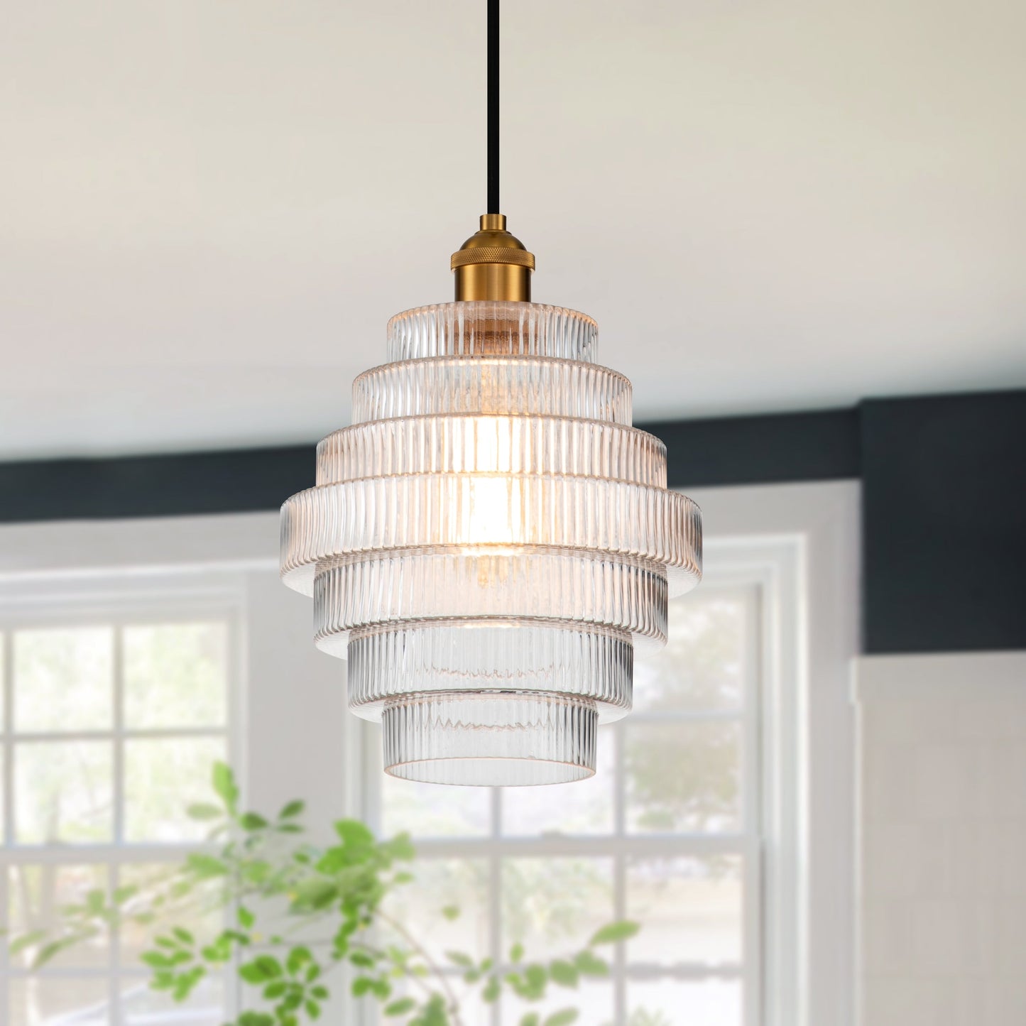 C Cattleya 1-Light Antique Brass Hanging Pendant Light with Striped Glass Shade - Antique Brass