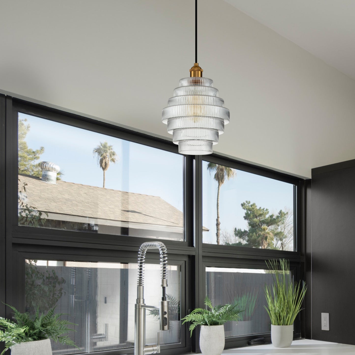 C Cattleya 1-Light Antique Brass Hanging Pendant Light with Striped Glass Shade - Antique Brass