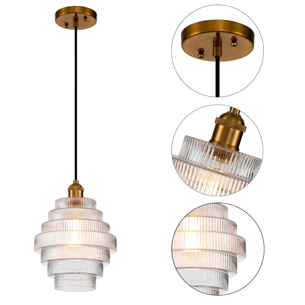 C Cattleya 1-Light Antique Brass Hanging Pendant Light with Striped Glass Shade - Antique Brass