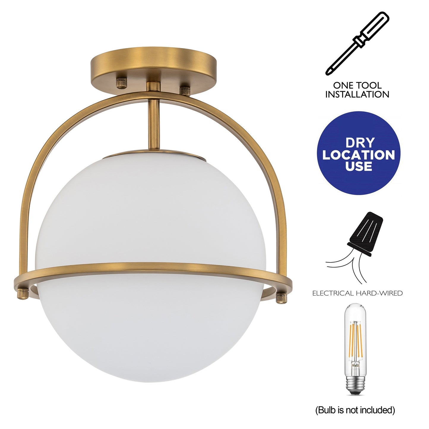 C Cattleya 1-Light Antique Brass Sphere Semi Flush Mount with Opal Glass Shade - Antique Brass