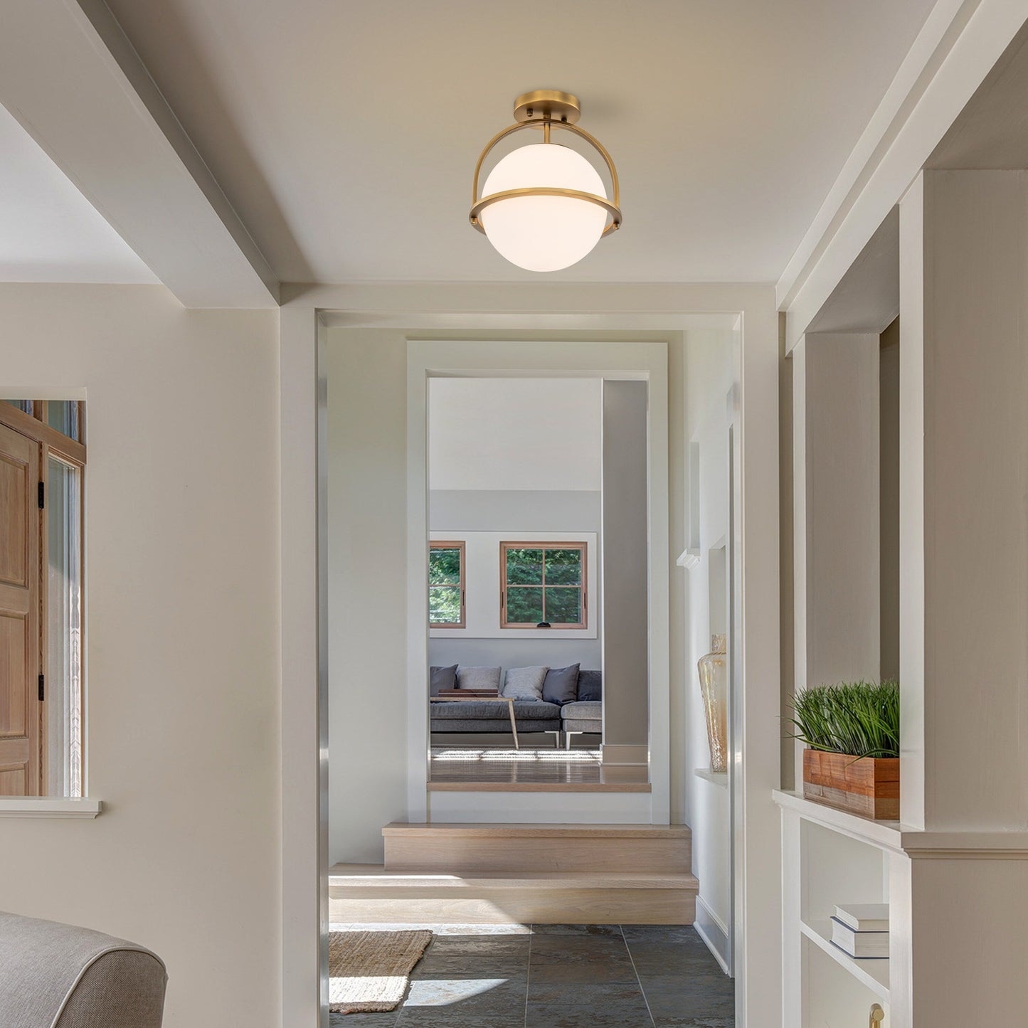 C Cattleya 1-Light Antique Brass Sphere Semi Flush Mount with Opal Glass Shade - Antique Brass