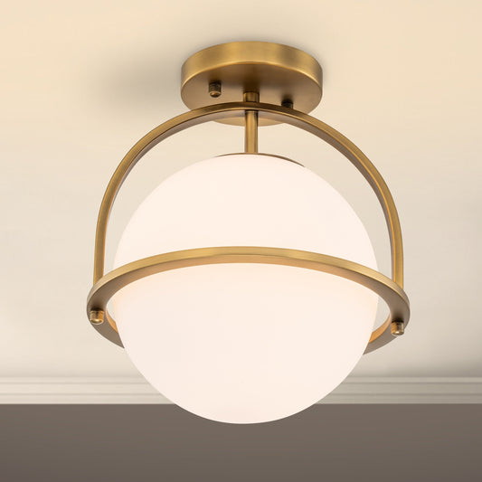 C Cattleya 1-Light Antique Brass Sphere Semi Flush Mount with Opal Glass Shade - Antique Brass