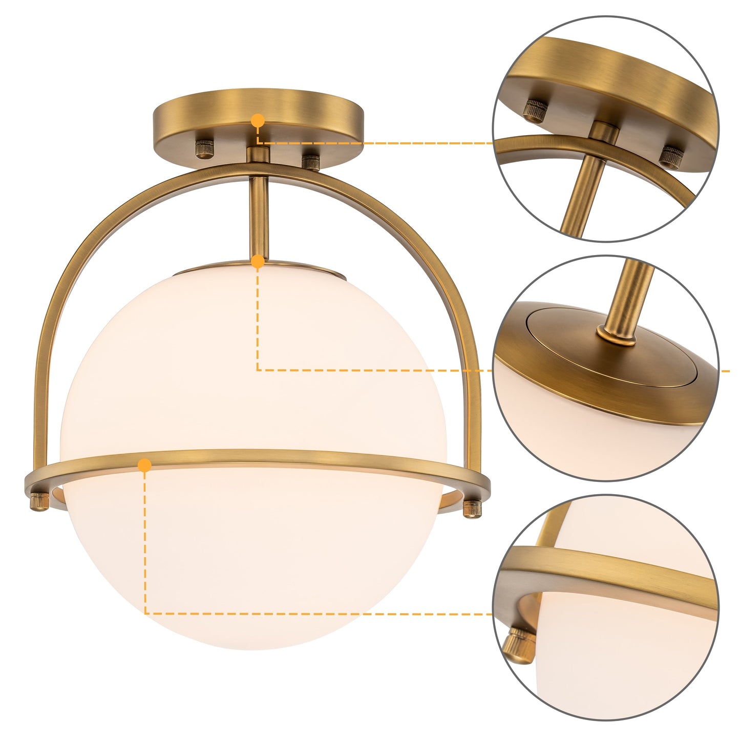 C Cattleya 1-Light Antique Brass Sphere Semi Flush Mount with Opal Glass Shade - Antique Brass