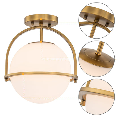 C Cattleya 1-Light Antique Brass Sphere Semi Flush Mount with Opal Glass Shade - Antique Brass