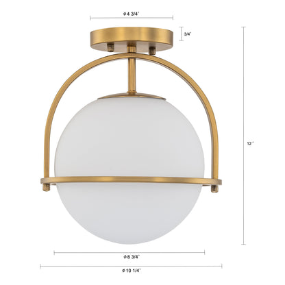 C Cattleya 1-Light Antique Brass Sphere Semi Flush Mount with Opal Glass Shade - Antique Brass