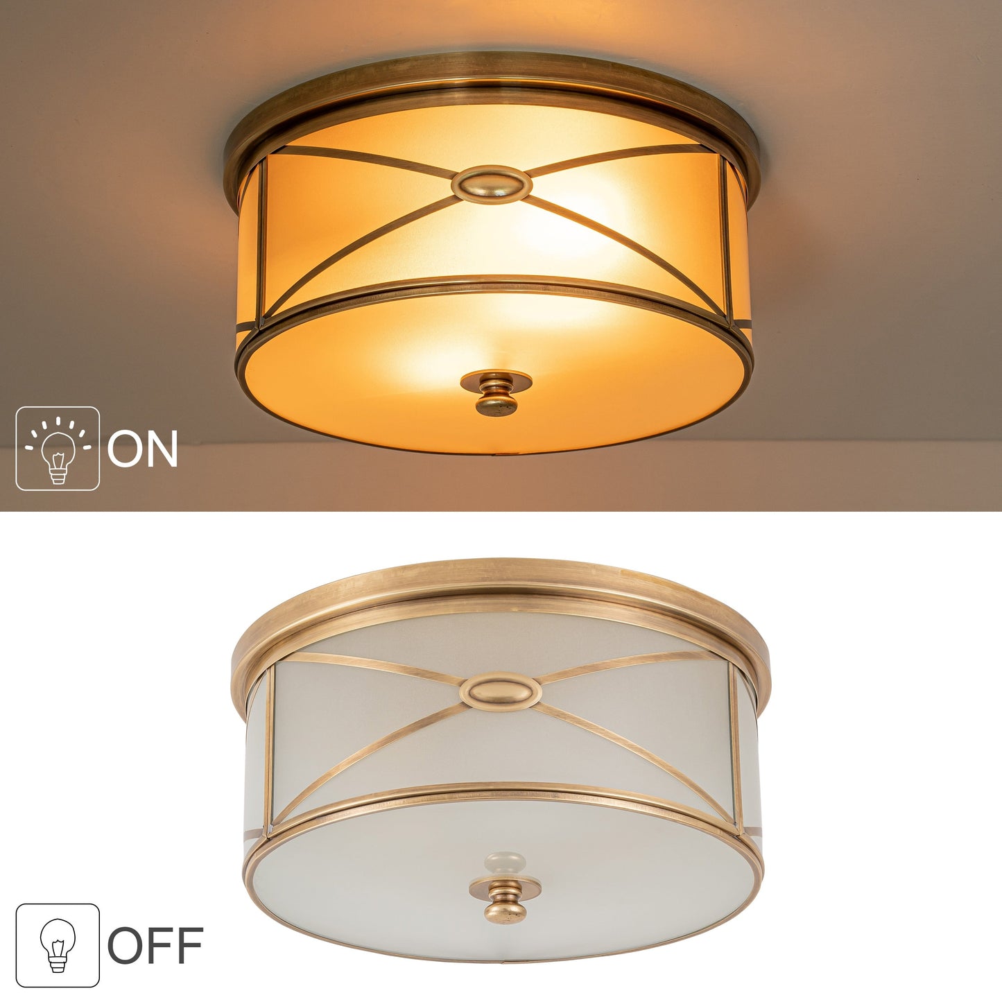 C Cattleya 2-Light Brass Flush Mount Ceiling Light with Frosted Glass