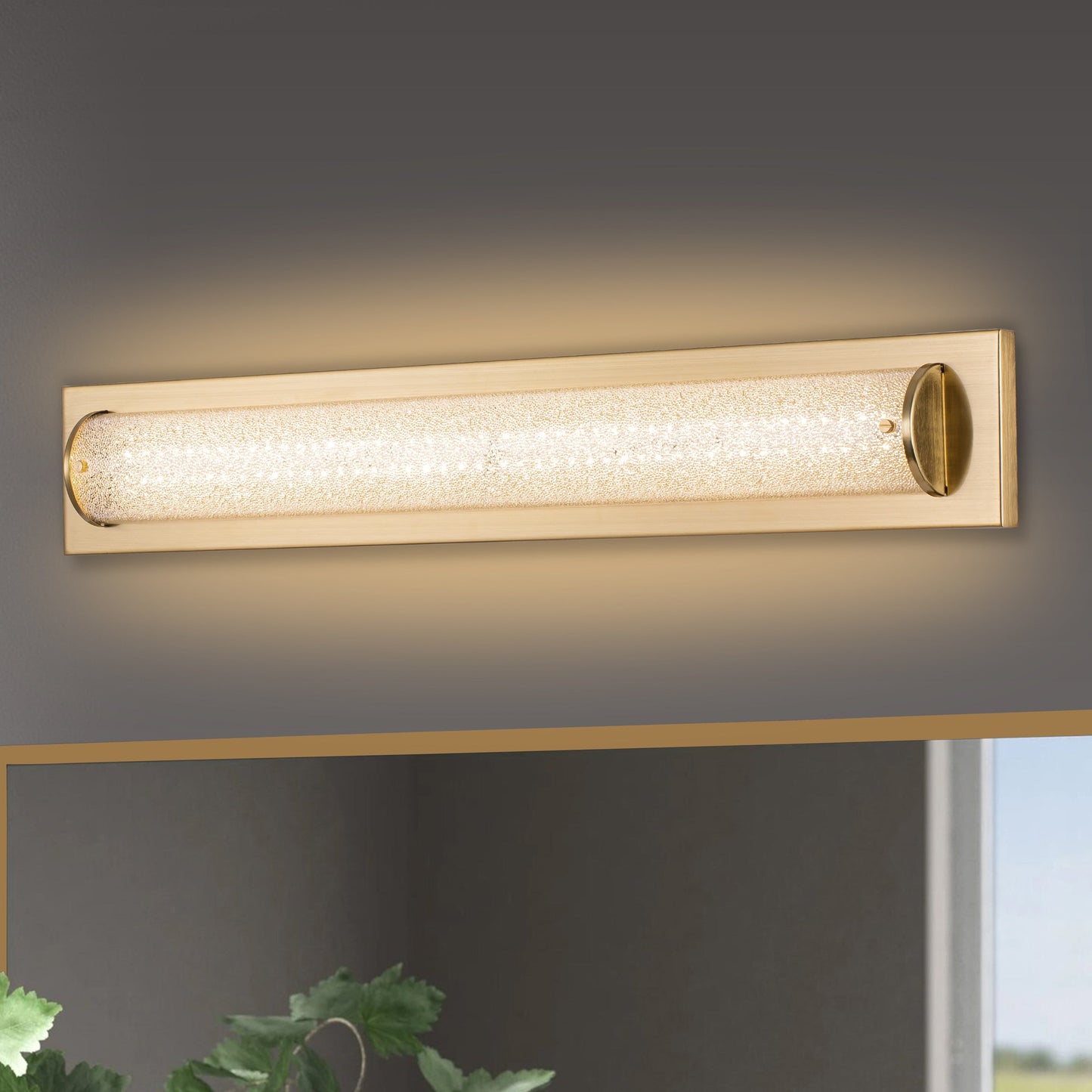 C Cattleya 28 Brushed Gold Integrated LED Bathroom Vanity Light Bar with Clear Sandy Glass