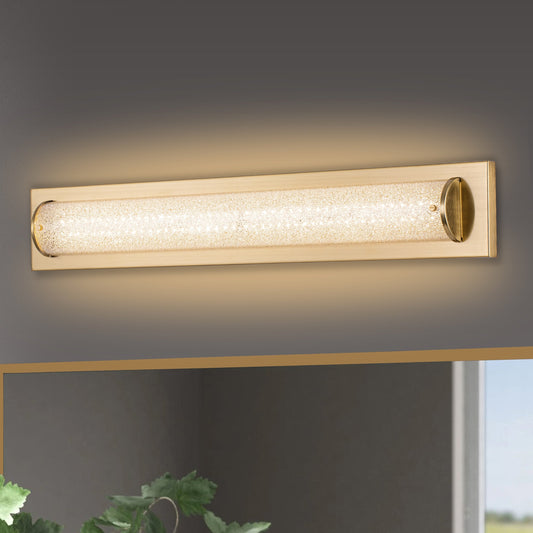 C Cattleya 28 Brushed Gold Integrated LED Bathroom Vanity Light Bar with Clear Sandy Glass
