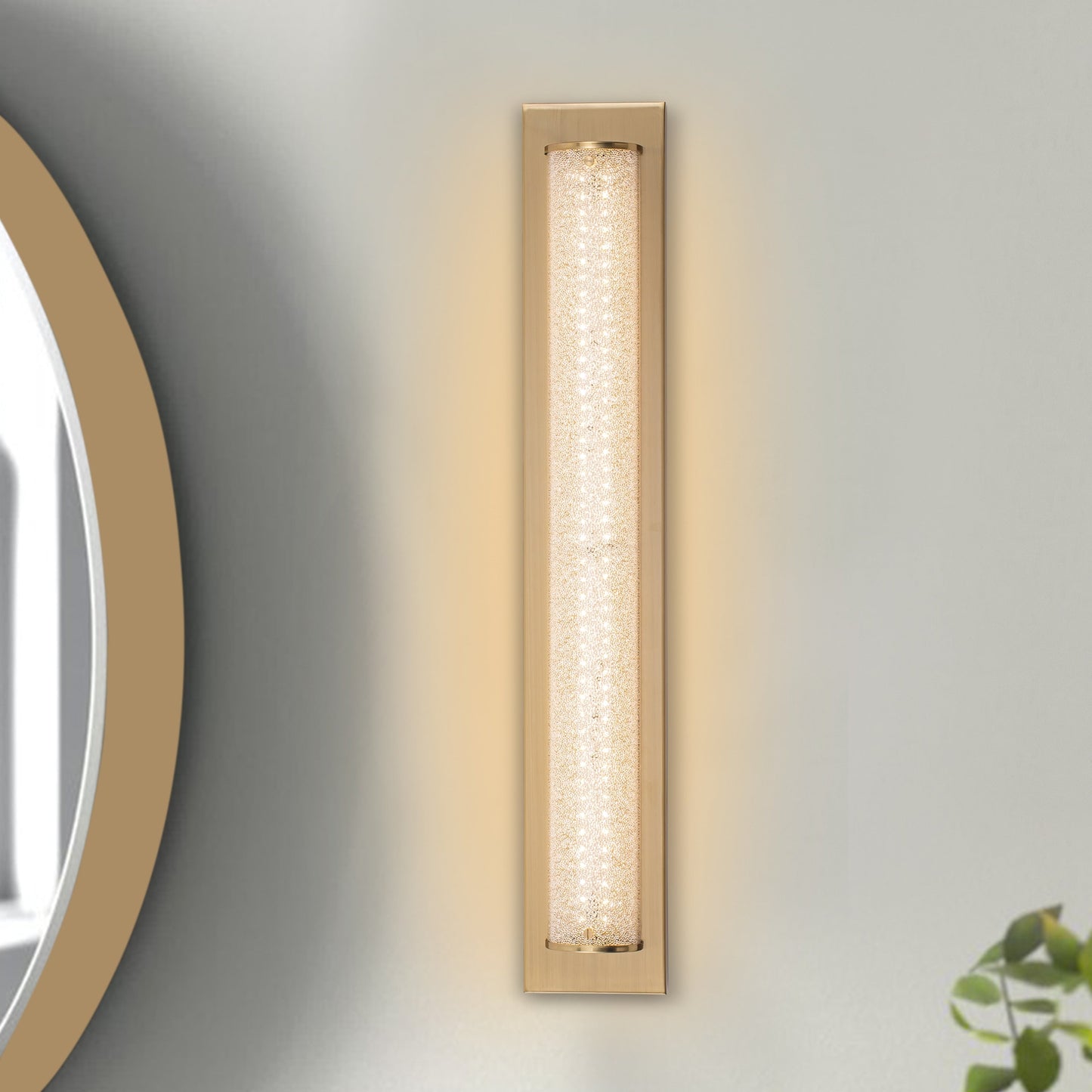 C Cattleya 28 Brushed Gold Integrated LED Bathroom Vanity Light Bar with Clear Sandy Glass