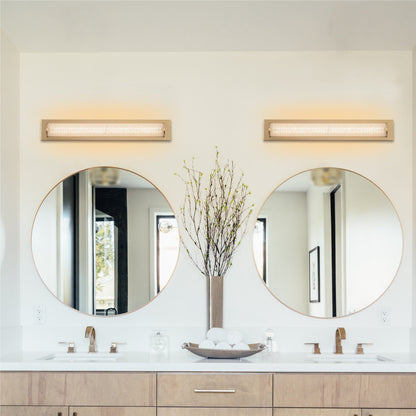 C Cattleya 28 Brushed Gold Integrated LED Bathroom Vanity Light Bar with Clear Sandy Glass