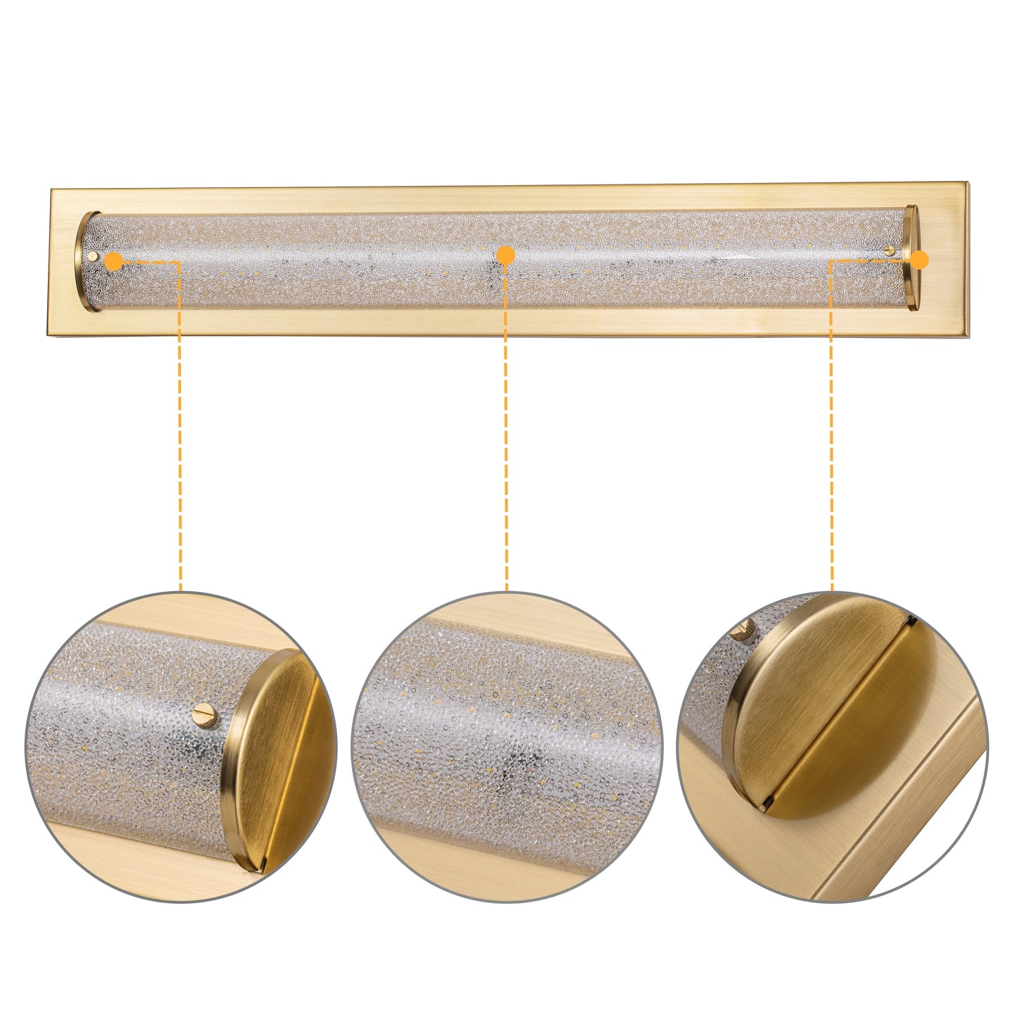 C Cattleya 28 Brushed Gold Integrated LED Bathroom Vanity Light Bar with Clear Sandy Glass