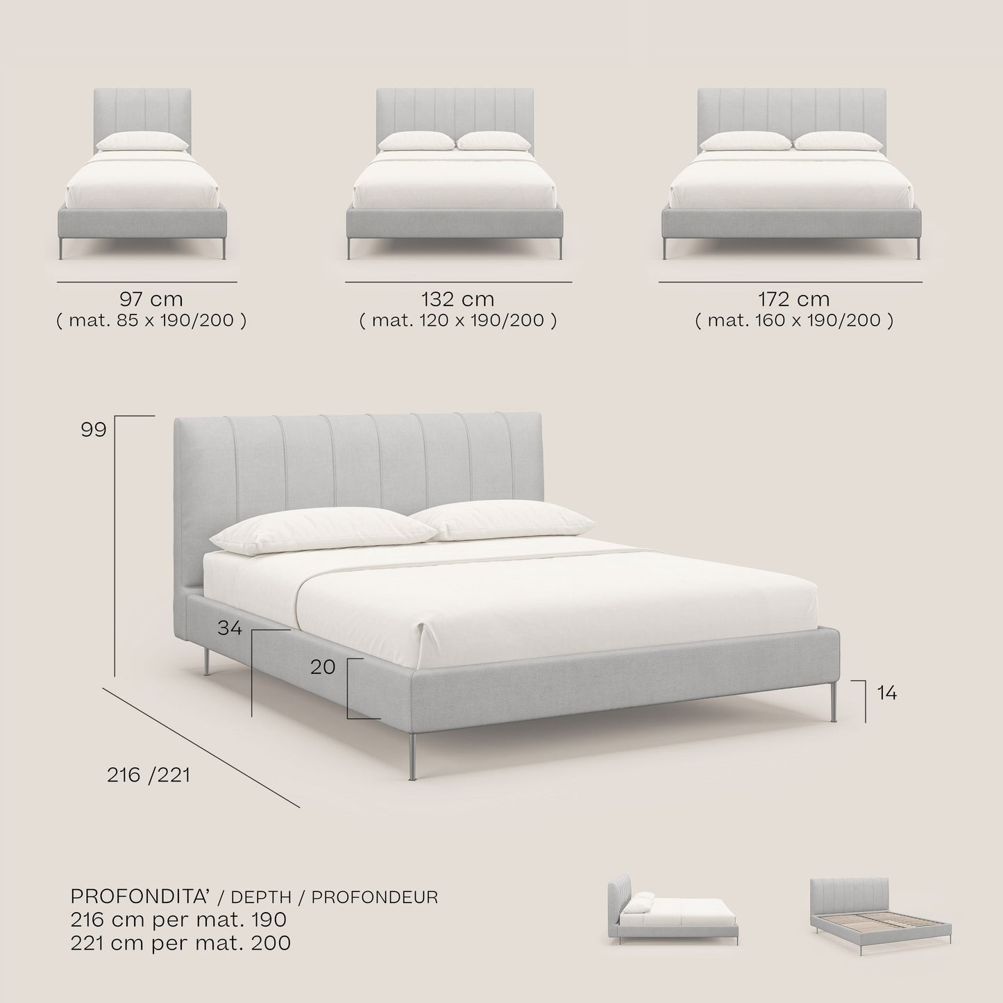 Calliope letto imbottito piedini alti completamente sfoderabile in tessuto smacchiabile T17 beige 