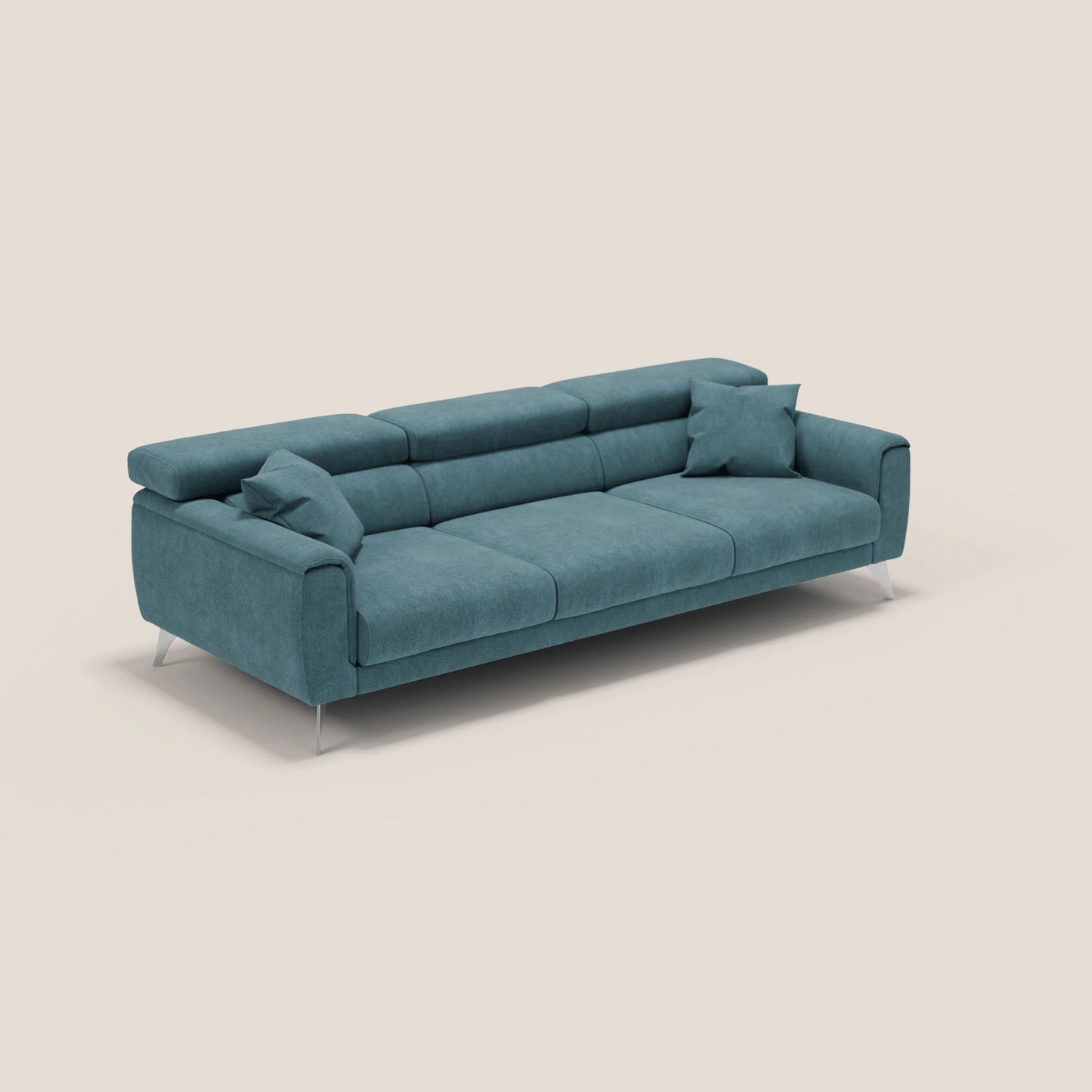 Divano Caravaggio con 3 sedute allungabili indipendenti e poggiatesta reclinabili in tessuto impermeabile T02 petrolio