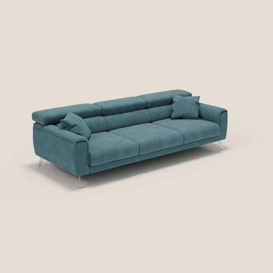 Divano Caravaggio con 3 sedute allungabili indipendenti e poggiatesta reclinabili in tessuto impermeabile T02 petrolio