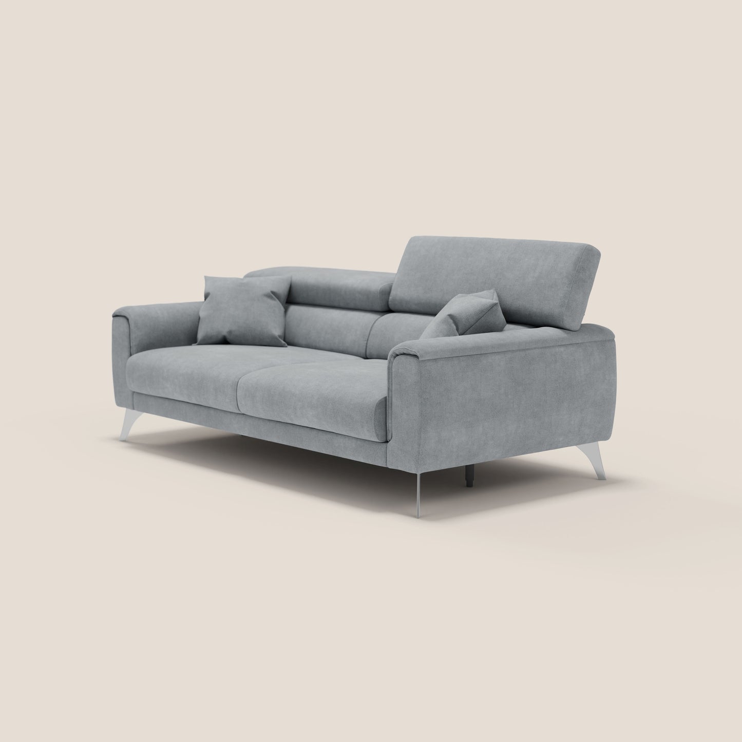 Caravaggio divano con sedute allungabili e poggiatesta reclinabili in tessuto impermeabile T02 grigio chiaro