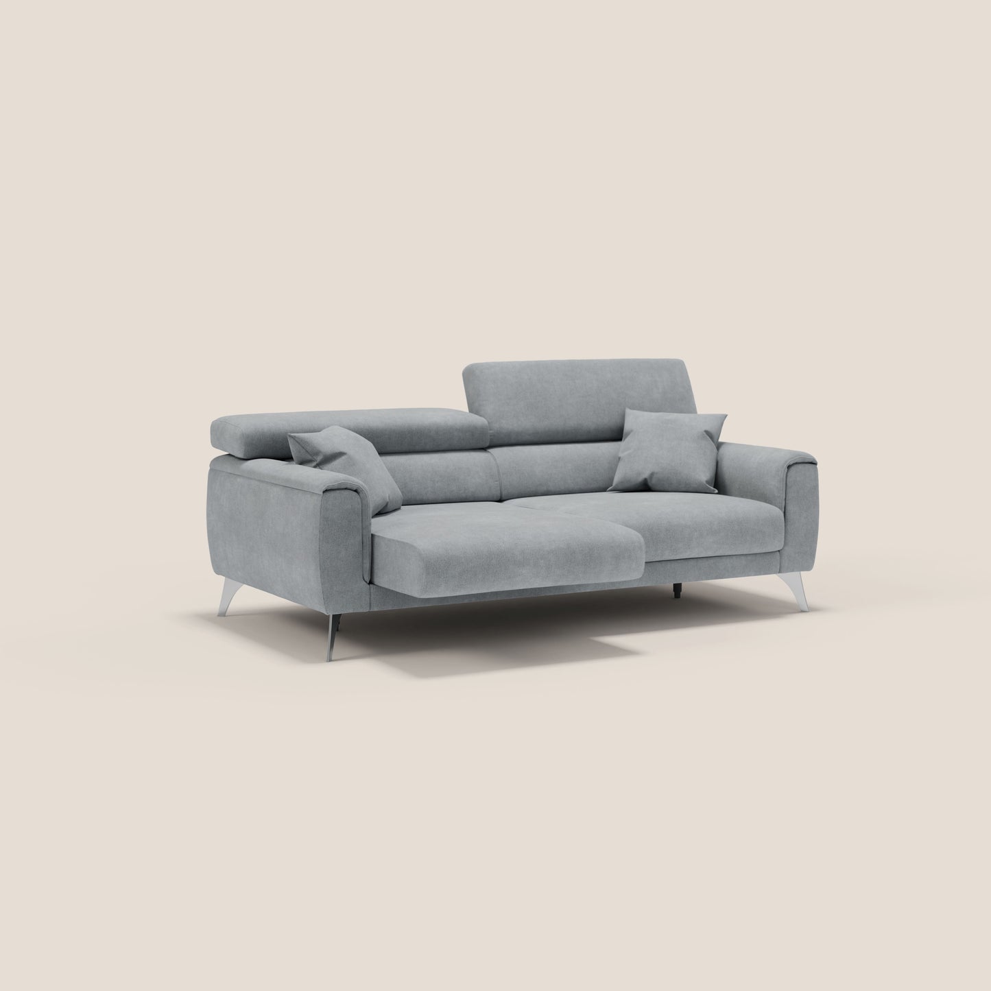 Caravaggio divano con sedute allungabili e poggiatesta reclinabili in tessuto impermeabile T02 grigio chiaro