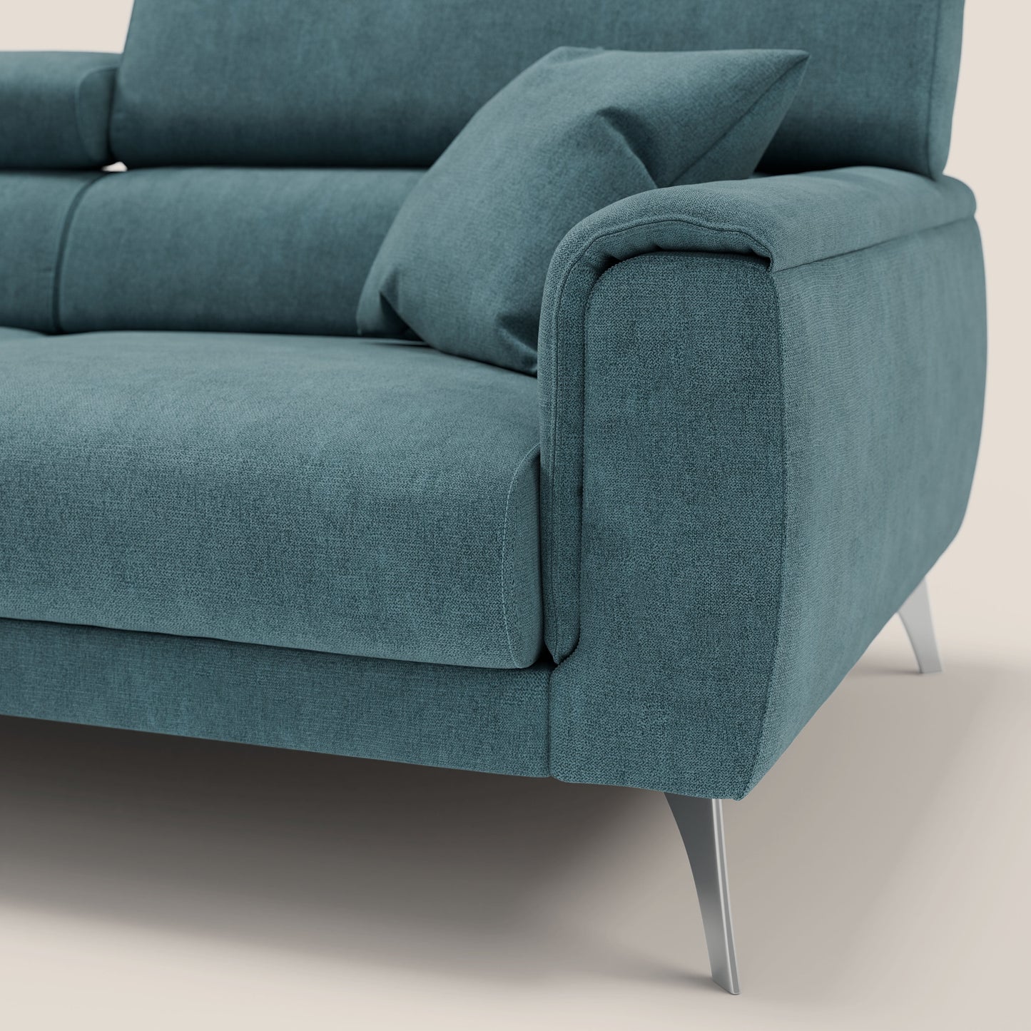 Divano Caravaggio con sedute allungabili e poggiatesta reclinabili in tessuto impermeabile T02 petrolio