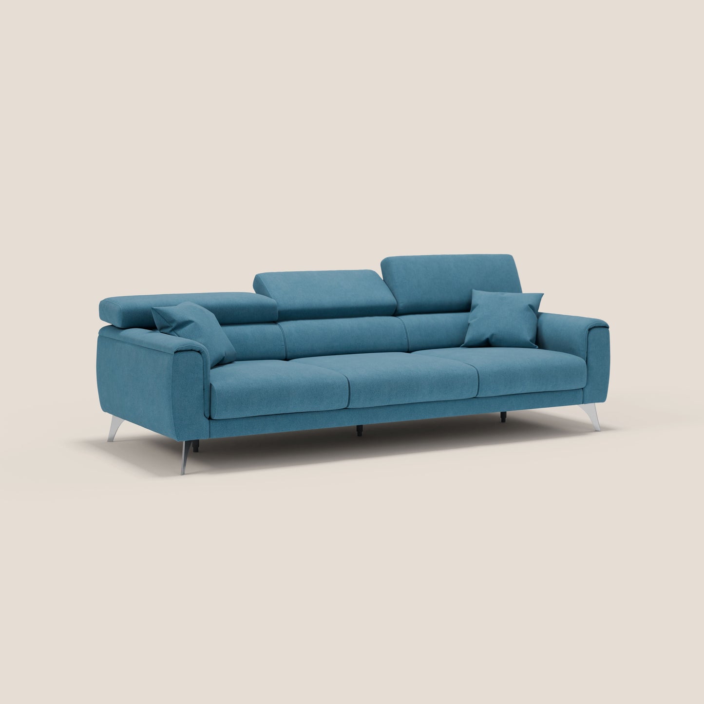 Caravaggio divano con 3 sedute allungabili indipendenti e poggiatesta reclinabili in tessuto impermeabile T02 azzurro