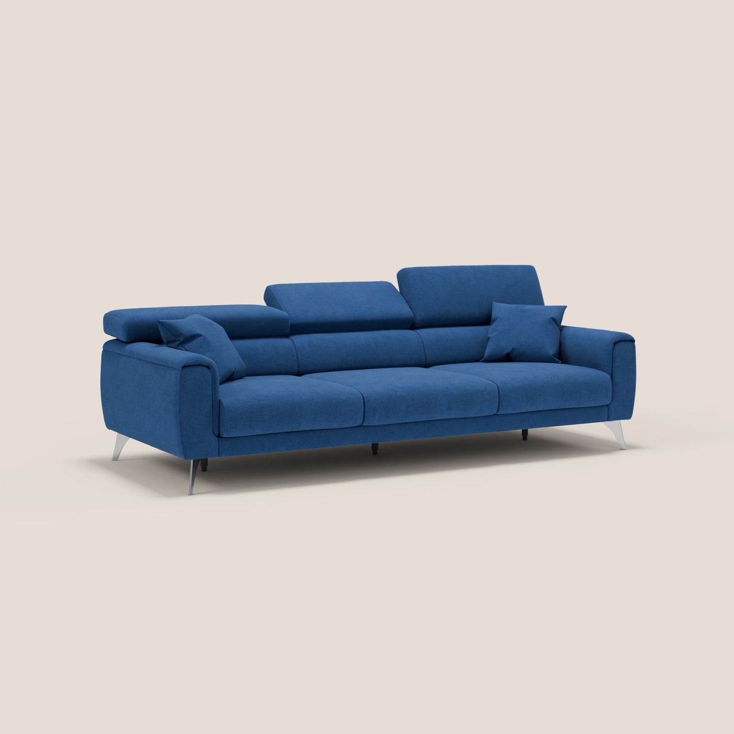 Caravaggio divano con 3 sedute allungabili indipendenti e poggiatesta reclinabili in tessuto impermeabile T02 blu