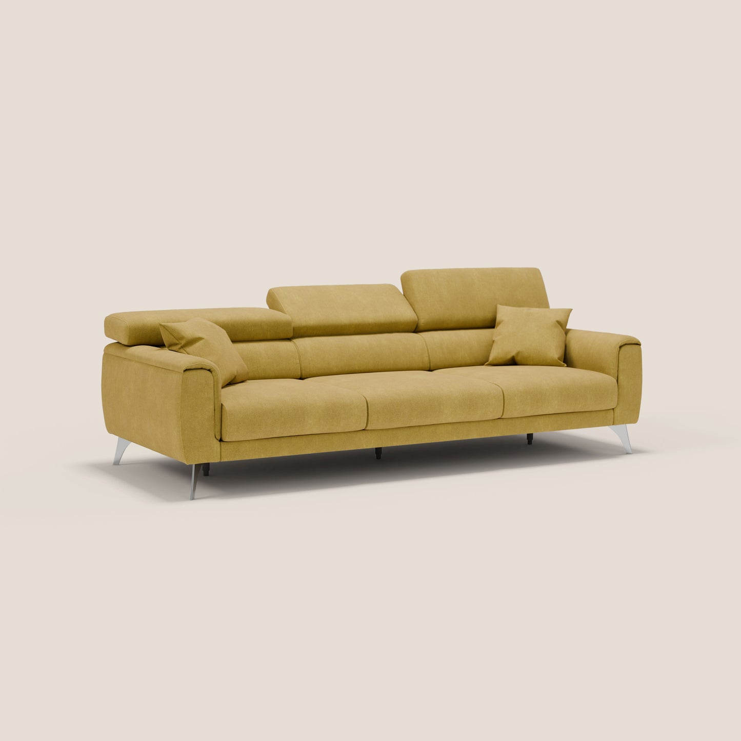Caravaggio divano con 3 sedute allungabili indipendenti e poggiatesta reclinabili in tessuto impermeabile T02 giallo