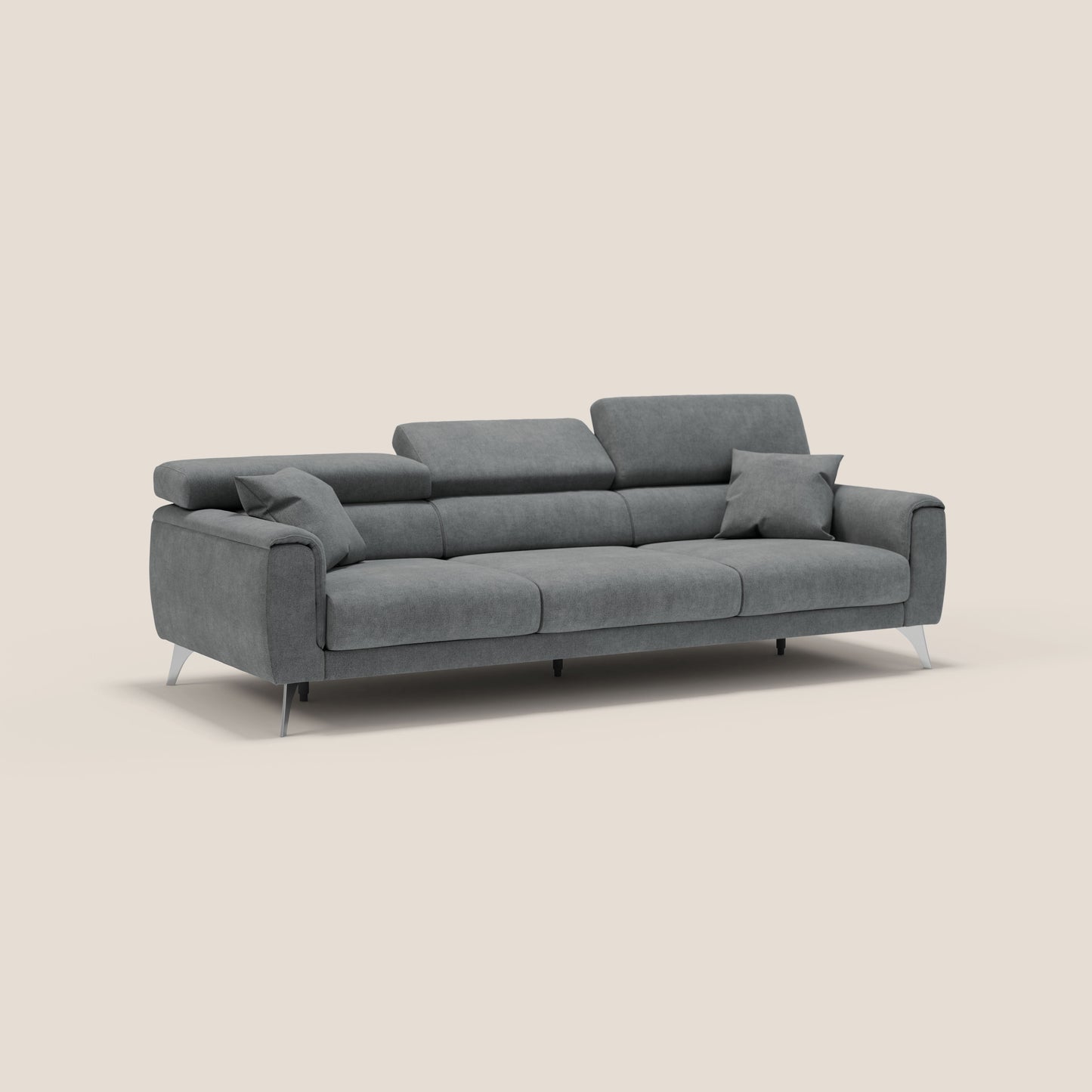 Caravaggio divano con 3 sedute allungabili indipendenti e poggiatesta reclinabili in tessuto impermeabile T02 grigio