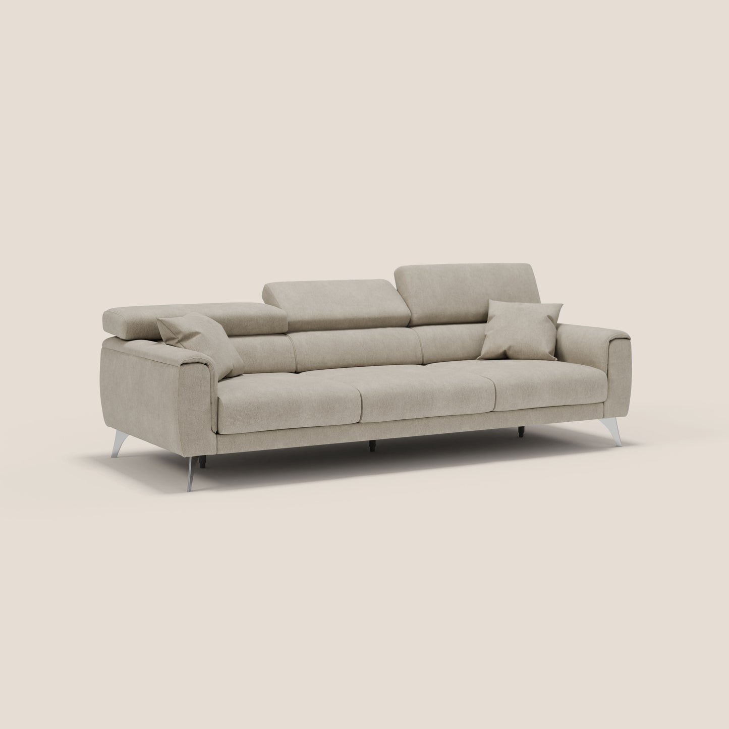 Caravaggio divano con 3 sedute allungabili indipendenti e poggiatesta reclinabili in tessuto impermeabile T02 panna