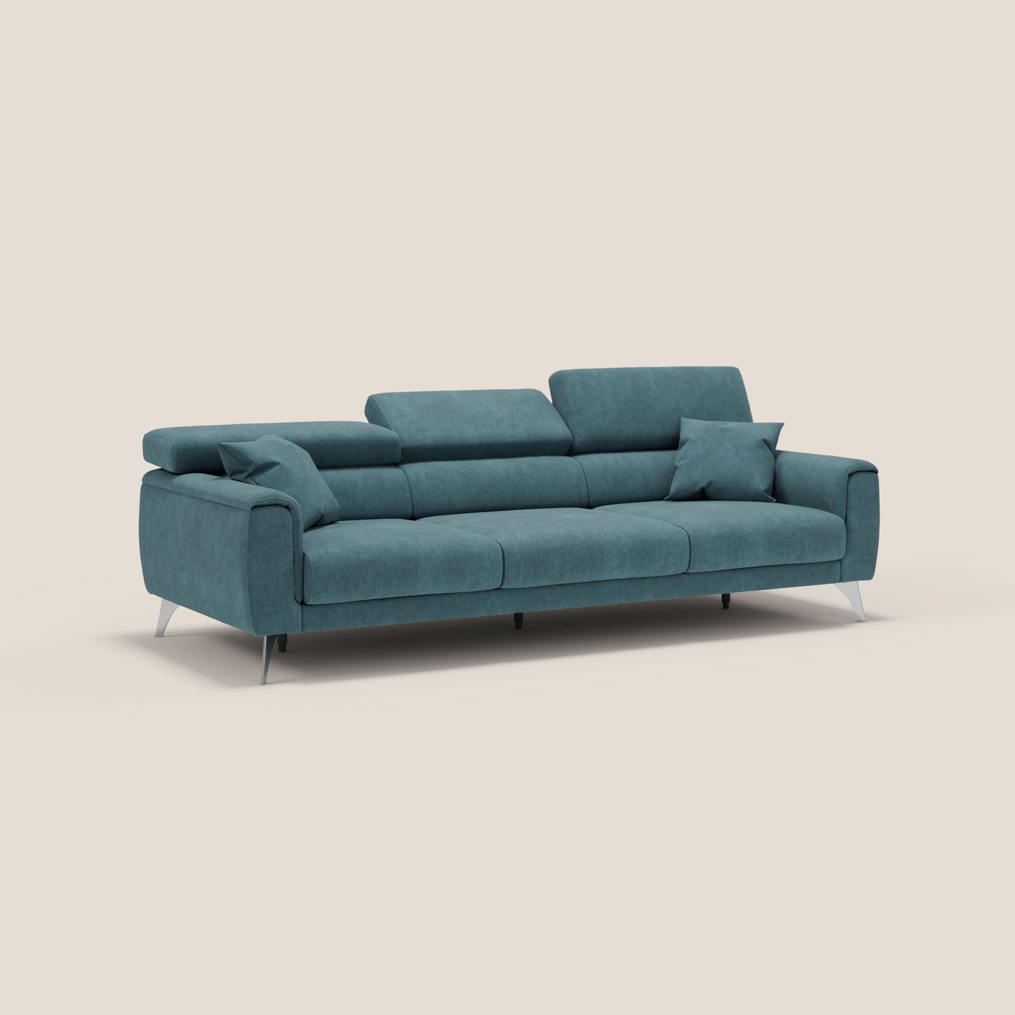 Divano Caravaggio con 3 sedute allungabili indipendenti e poggiatesta reclinabili in tessuto impermeabile T02 petrolio