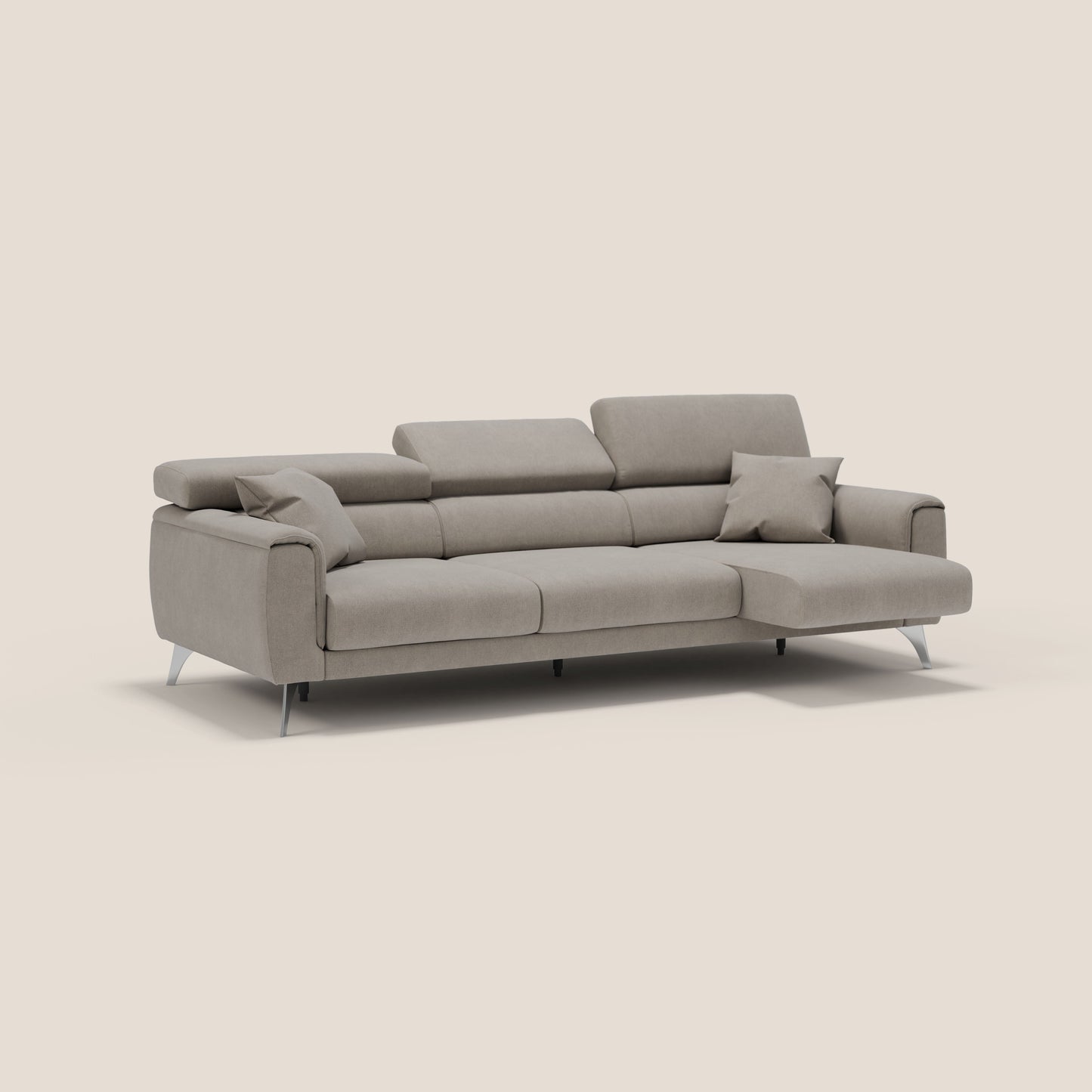 Caravaggio divano con 3 sedute allungabili indipendenti e poggiatesta reclinabili in tessuto impermeabile T02 beige