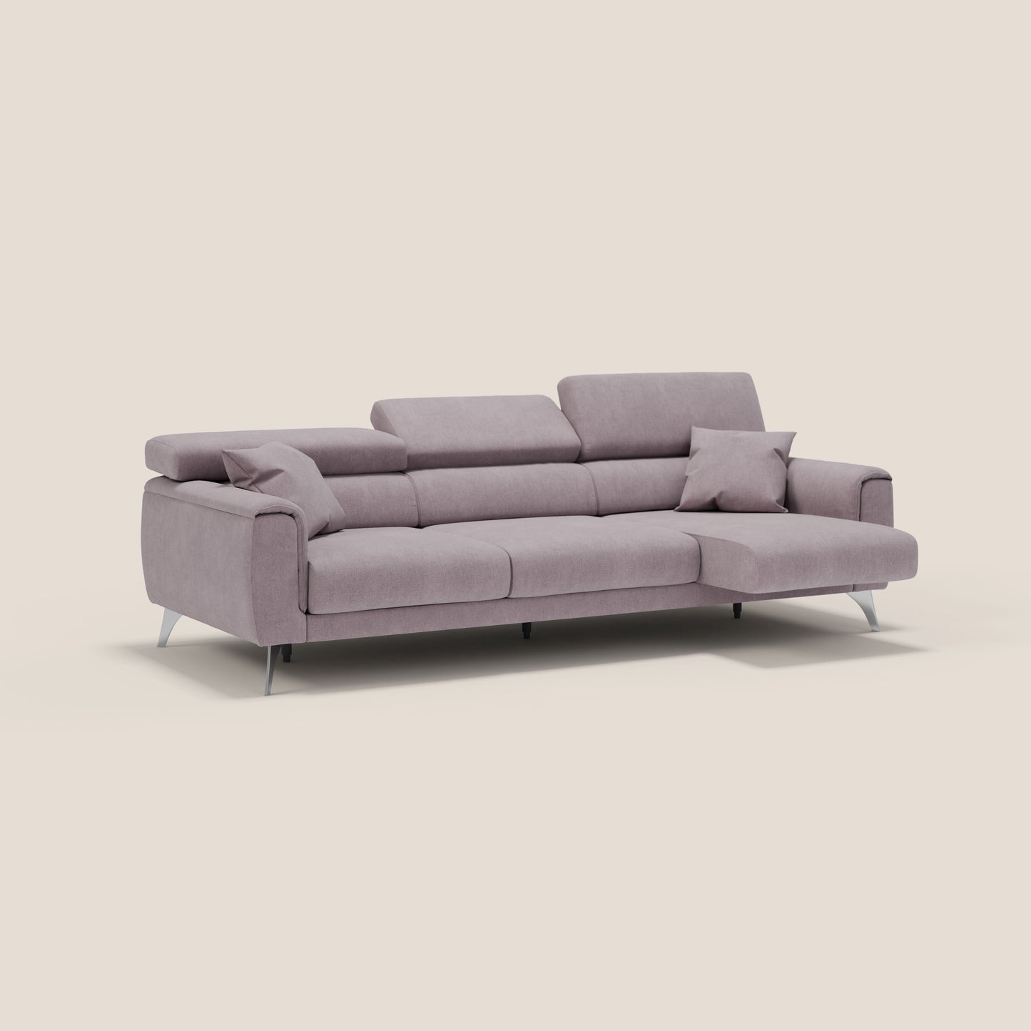 Caravaggio divano con 3 sedute allungabili indipendenti e poggiatesta reclinabili in tessuto impermeabile T02 rosa